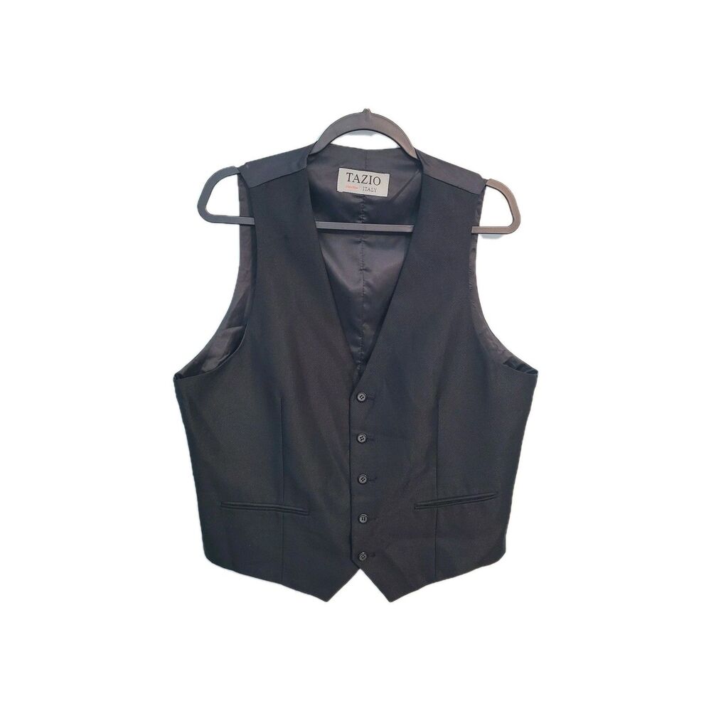 Tazio Italy Mens Ultra Slim Suit Vest Black 42R Wool Touch Dark Academia Goth